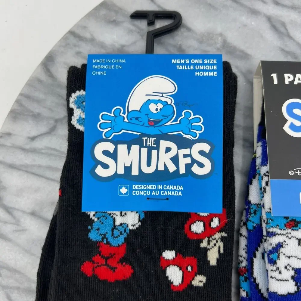 The Smurfs Socks Mens OSFM (6-12) Novelty 90s Cartoon Funny Crew 3 Pairs
